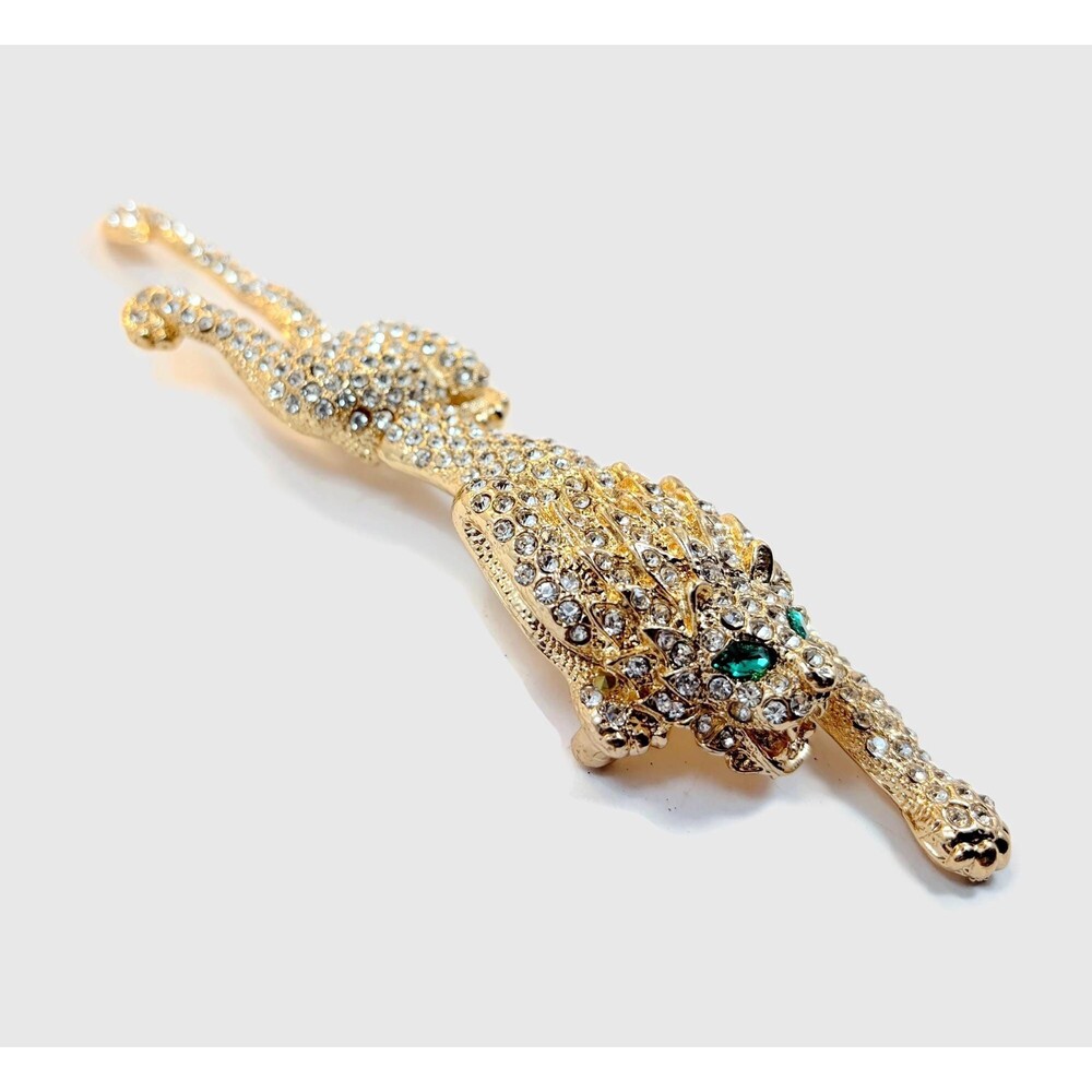 Vintage Shoulder Brooch, Lion, Tiger, Leopard, Rhinestones, Gold Tone, 6" Long - Picture 2 of 7